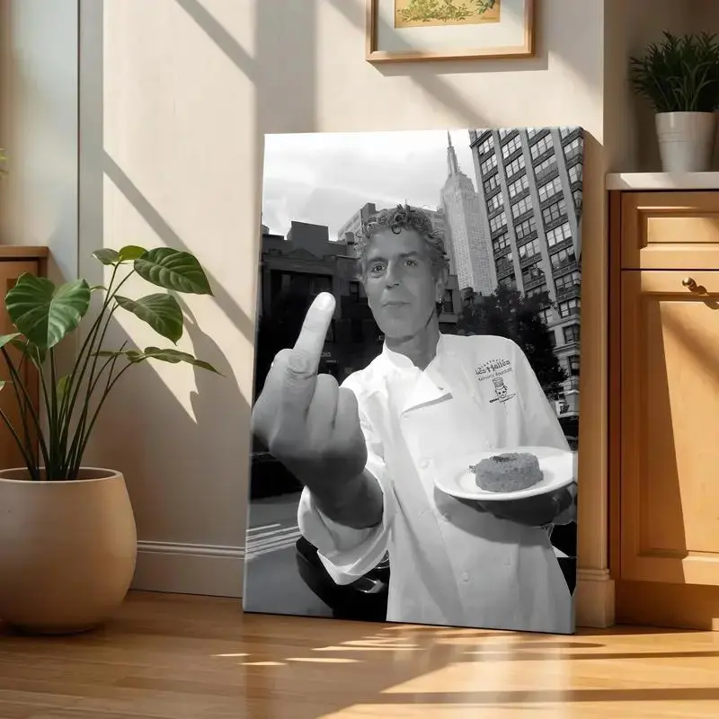 Black and White Artistic Chef Canvas Wall Art - Wood Frame Style Hanging Poster, Modern Home Decor for Kitchen, Funny Gift for Cooks with Rebellious Cooking Attitude