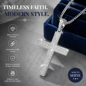 【AMKMAX】Iced Out Cross Necklace for Men & Women, Silver Tone Pendant Chain with AAAA Cubic Zirconia, Hip Hop Sparkly Cross Chain jewelry