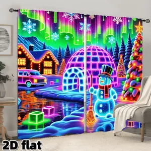 2D Flat 2Pcs Neon Christmas Snowman Curtains, LED Style Northern Light Effect, Colorful Winter Wonderland Scene, Semi Sunshade Rod Pocket Design, Perfect for Living Room Bedroom Game Room Window Treatment, Holiday Home Decor, Privacy Protection