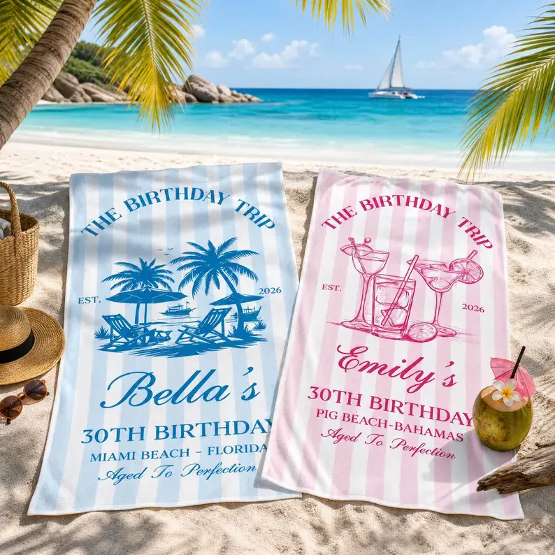 Personalized Birthday Beach Towel with Custom Name, Birthday Trip Towel for Women, Custom 30th Birthday Gift, Girls Trip Vacation Pool Towel