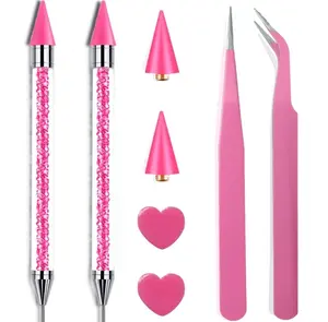 Pink Rhinestone Picker Tool Set - 2 Pcs Dual-Head Wax Pens with 2 Wax Tips and 2 Pink Tweezers, Wax Pencil for Rhinestones, Crystal Diamond Pickup Tool for Nail Art, Gem and Crystal Application Kit