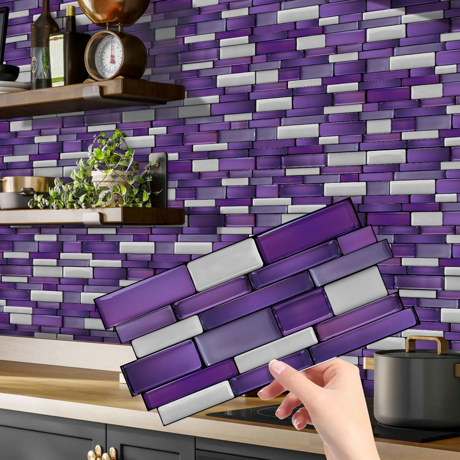 12/24/48PCS Crystal PVC Purple & White Mosaic Tile Stickers - Self-Adhesive Waterproof Oilproof Kitchen Backsplash Decals (XY-HTP21)