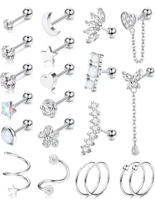Sparkling 21 Pcs Silvery Exquisite Ear Studs Hoops Trendy Stainless Steel Cartilage Hoop Earring Set for Women Men Sweet Heart Flower Chain Dangle CZ Curved Tragus Conch Helix Piercing Jewelry Set