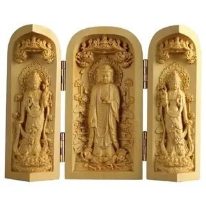 Handcrafted Boxwood Carving of Guanyin Buddha Statue - Western Sansheng Wood Crafts for Home Decoration Religious Ornaments