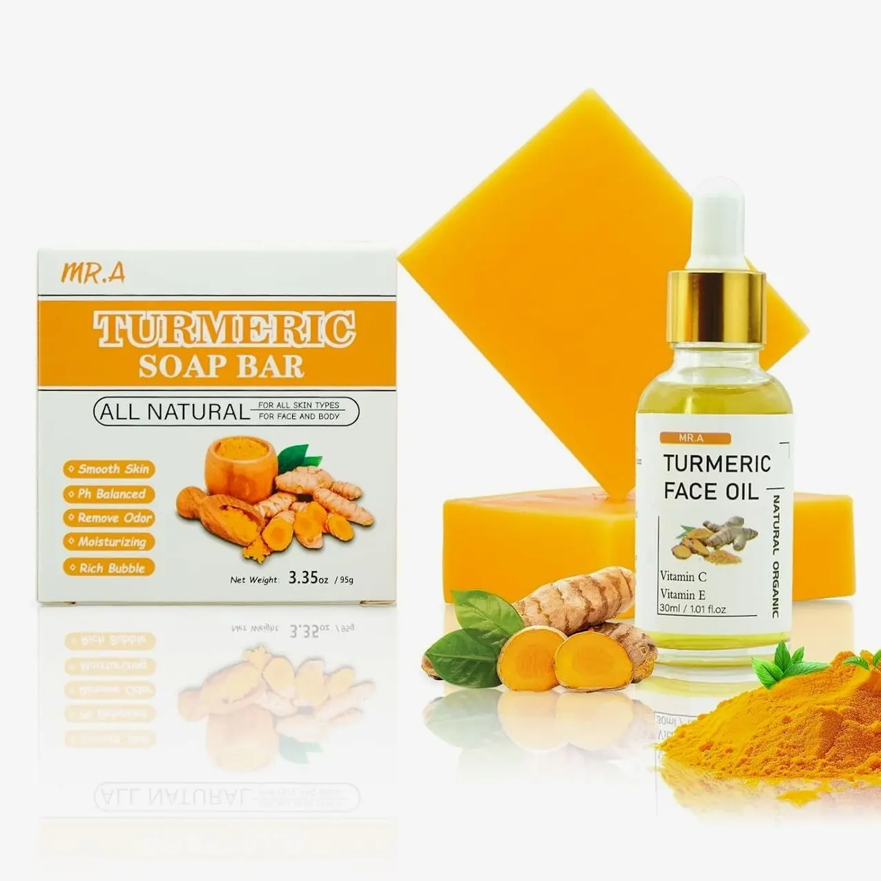 MR.A 2Pcs Turmeric Soap Bar and Turmeric Oil Set for Face & Body, Nautral Ingredients with Vitamin C to Cleanses, Soothing, Hydrating Skin, Turmeric Skin Care Set for All Skin Type