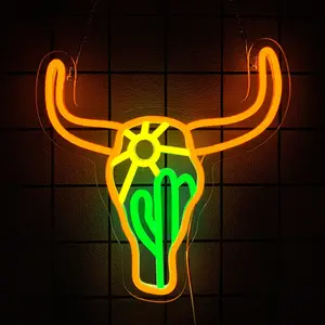 Bull Cactus Sun Neon Sign Texas Longhorn Bull Neon Lights for Bedroom Western Landscape  Sign Cow Head Neon Lights Signs Orange Cowboy Light Up Signs for Wall Bar Man Cave Game Room Decor Decorative Wall Light