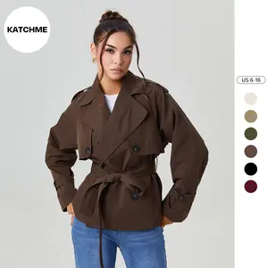 Katch Me Women's Commuter Notch Lapel Double Breasted Detachable Belt Trench Coat, Fall & Winter Plain Wrap Tie Waist Outerwear Jacket, Minimalist Trench Coat
