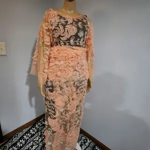 Elegant Women's Lace Iro and Buba One Size Fits All Peach Color with Floral Embroidery