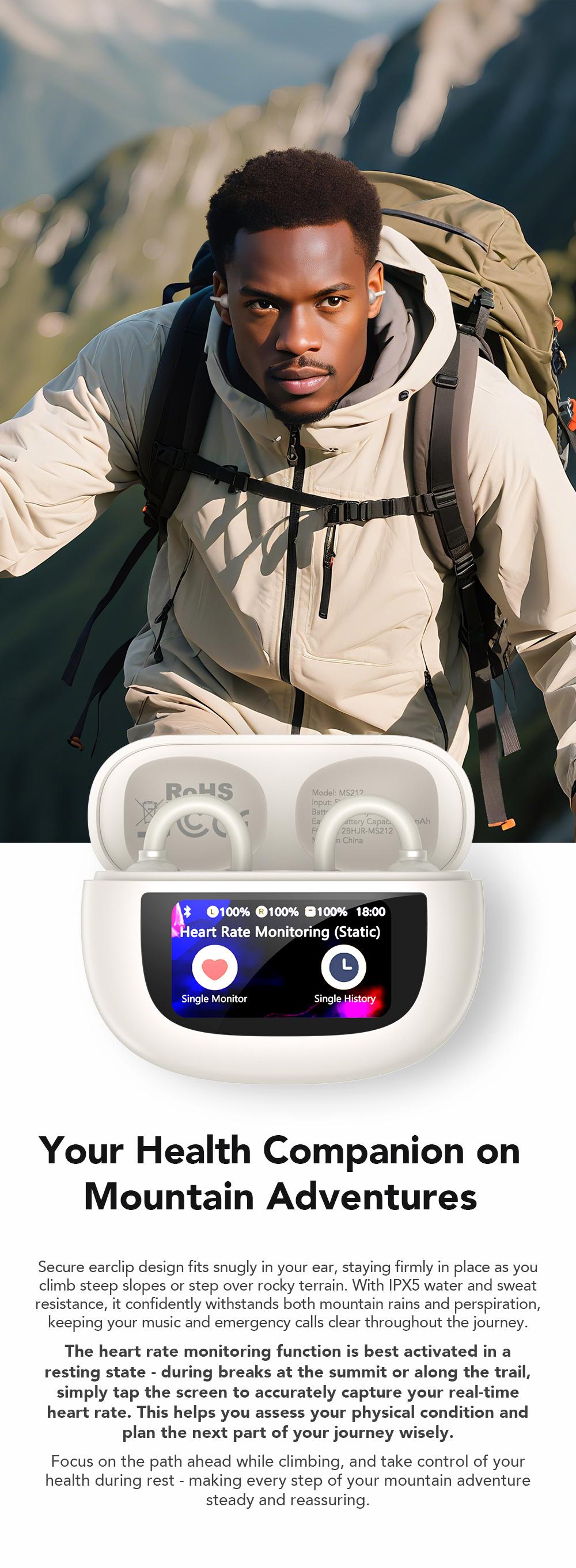 MINISO MS212 Clip-On Ear Headphones with Heart Rate Monitoring Wireless Audio Headphones for Music & Phone Calls, IPX5 Sport Waterproof & Sweatproof, with LCD Full Color Touch Screen, Bluetooth 6.0 Headsets, Heart Rate Health Management