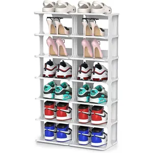 Stackable Shoe Organizer for Closet, Small Shoe Rack for Entryway, Bedroom, Dorm Rooms, Free Standing Shoe Shelf, Plastic Shoe Cubby for Small Space, Grey Space Saver Shoe Holder