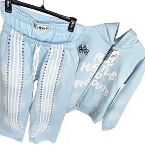 All Hustle Tracksuit - Baby Blue Hoodie & Pants Set with White Stripes Rhinestones and 'All Hustle No Handouts' Design