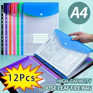 12-Pack A4 Expanding File Folders, Push-Button 11-Ring Binder Pockets, Durable PP Plastic, Vibrant Colors, School & Office Use