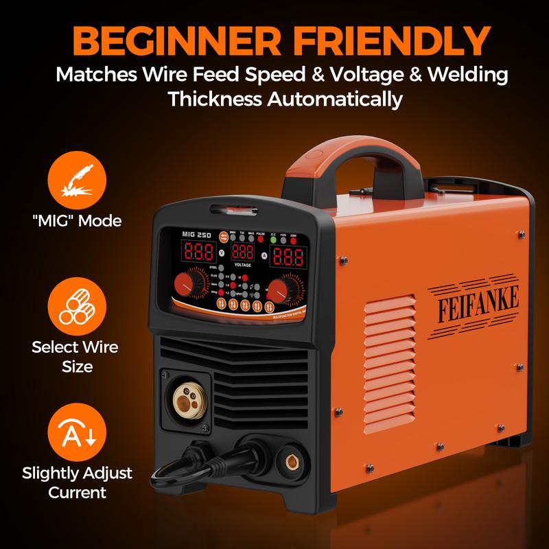 FEIFANKE MIG250A Welder with 110/220v smart conversion, 6-IN-1(MMA/LIFT TIG/FLUX CORE MIG CAS MIG/PLUSE MIG/SPOT welding) welder machine, LED Display Digital welder,Includes 3 Spools of Welding Wire,  for Professional and DIY Welding Projects