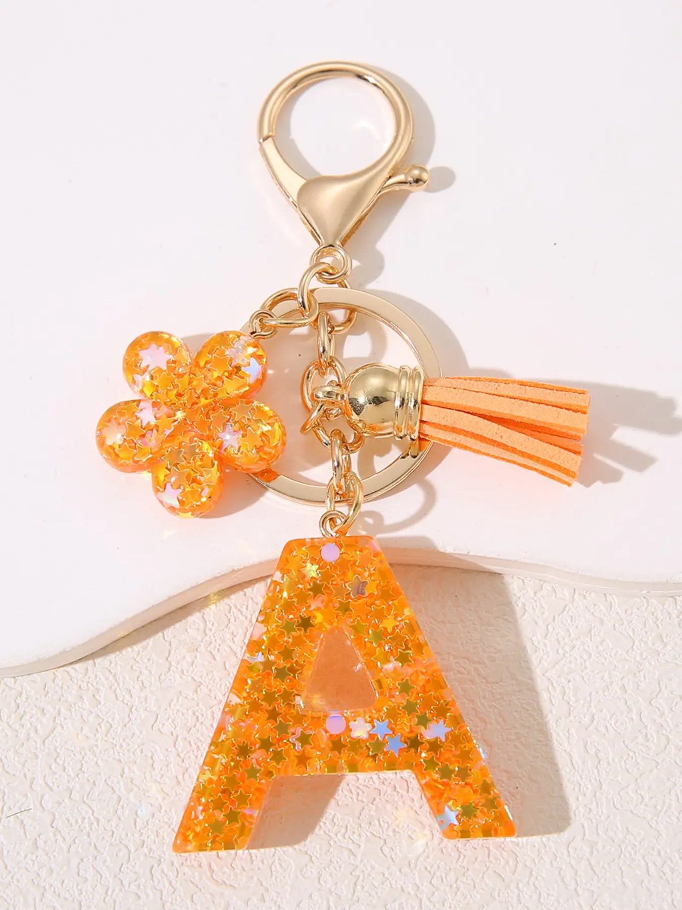 Chic Sequin Flower Initial Keychain, Stylish Keyring, Golden Tassel & Glitter Accents, Personalized Resin Letter Charm, Durable Clasp, Perfect Gift for Women & Girls