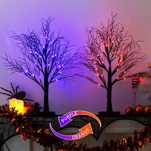 2 Pack Halloween Tree, Black Tree with Orange Purple Bi-Color Led Lights 6 Functions, USB & Battery Operated Lighted Willow Branch for Indoor Halloween Decorations