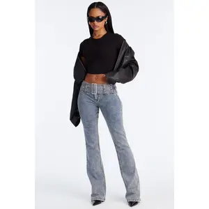 Star Studded Belted Low Rise Bootcut Jeans - Acid Wash Blue