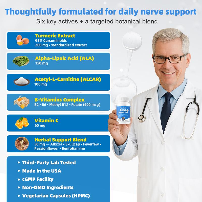 HerbGreat Nerve Support Plus – Neuropathy & Sciatic Nerve Pain Relief Supplement with Turmeric Extract, B Vitamins, Alpha-Lipoic Acid & Acetyl-L-Carnitine – 120 Capsules – Natural Joint & Nerve Health – Made in USA