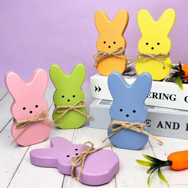 6-Piece Easter Bunny Wooden Peeps Centerpiece Sign Set with Hemp Rope, Home Table Decor for Indoor Tiered Tray, Easter Basket Stuffer & Wood Gift for Mantel Shelf