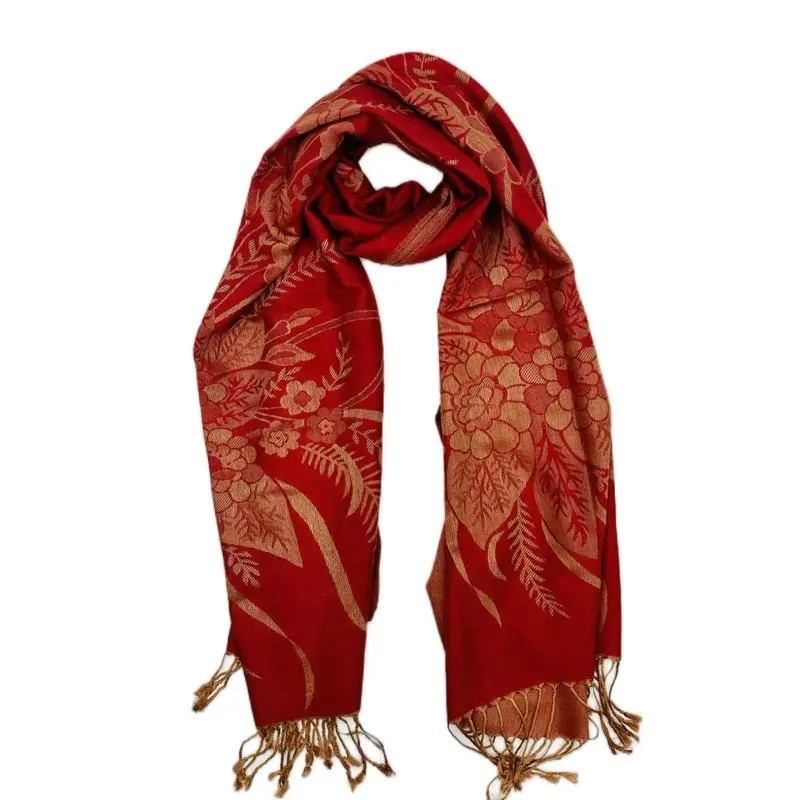 Gorgeous Red Pashmina with Beautiful Gold Flower Design in Cashmere Material Elegant Scarf for Stylish Wear
