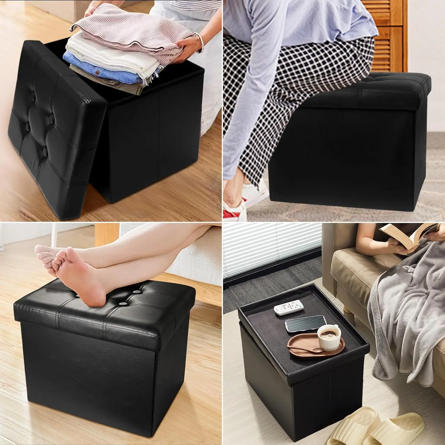 Storage Ottoman Folding Foot Rest Stool, Leather Footstool Bench, Short Ottoman Stool, Storage Foot Rest Store, Books (Black, 17" D x 13" W x 13" H) Storage Ottoman Folding Foot Rest Stool, Leather Footstool Bench, Short Ottoman Stool, Storage Foot Rest Store, Books (Black, 17" D x 13" W x 13" H)