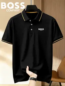 Lb4518 Classic Bqss Logo Print Men's Polo Shirt, Elastic Casual Breathable Four-Season Comfortable Durable High-End Polo Top