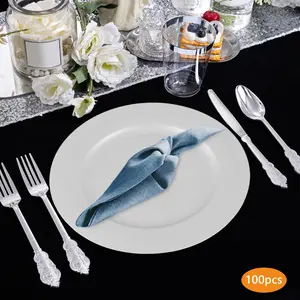 Silver 13" Round Plastic Decorative Charger Plates 100 Pack for Wedding Party Birthday Ramadan Table Decor