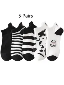 Women's Cute Cow Print Ankle Socks, Kawaii Striped Low Cut Socks for Teen Girls, Sweet Milk Design, 5 Pairs