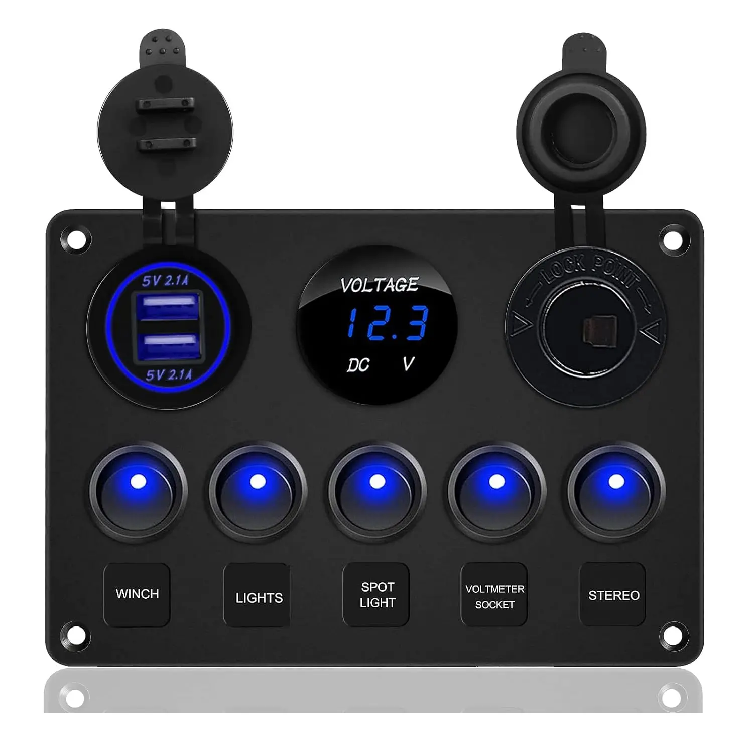 5 Gang Rocker Switch Panel for Cars/Motorcycles, Vehicle Power Panel Mount with Digital Voltmeter, USB + DC Outlets