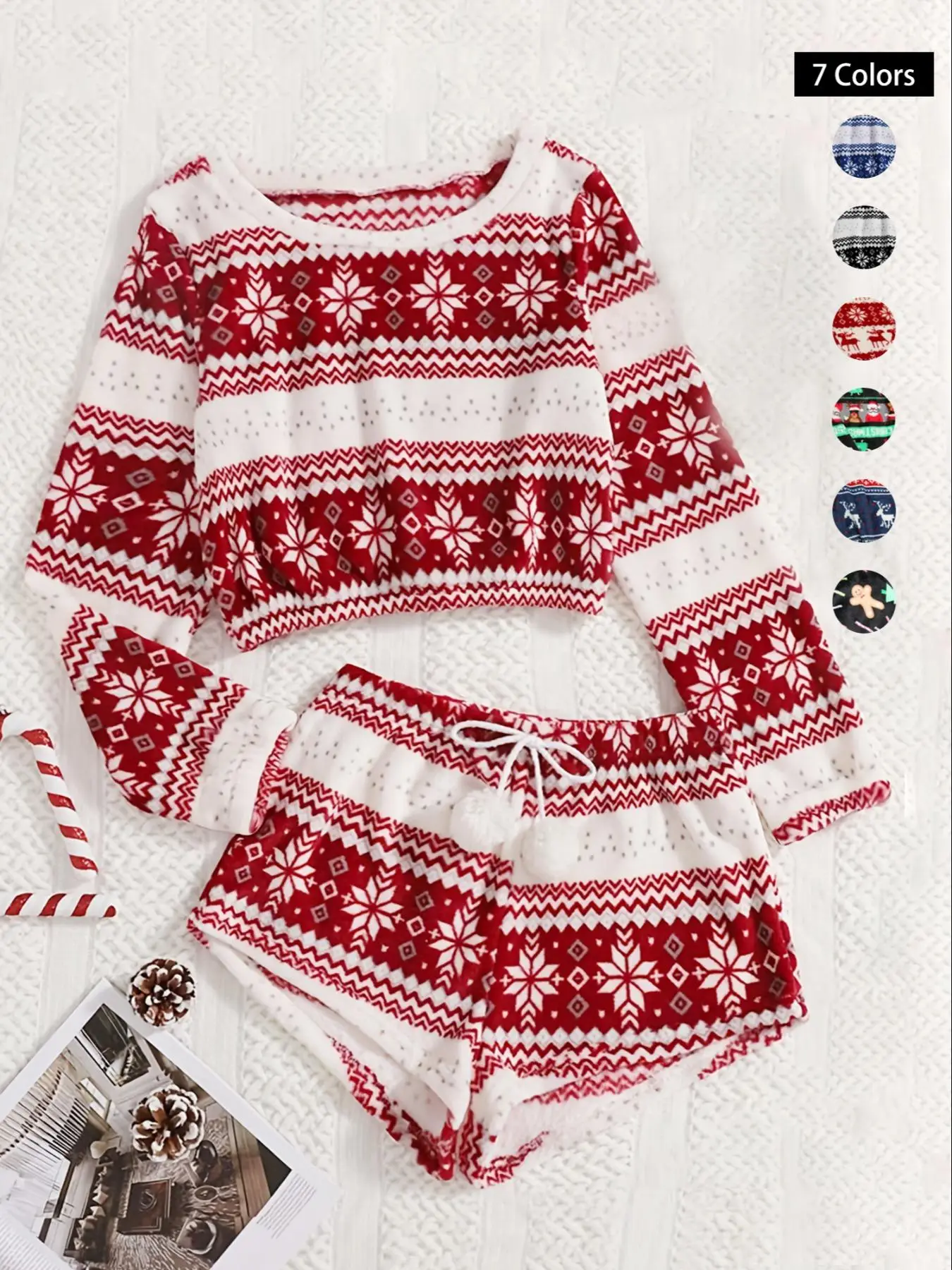 Women's Geometric Print Coral Fleece Loungewear Set, Fluffy Pajamas, Boho Long Sleeve Sleep Top & Pom Pom Decor Drawstring Shorts, Women's Sleepwear,