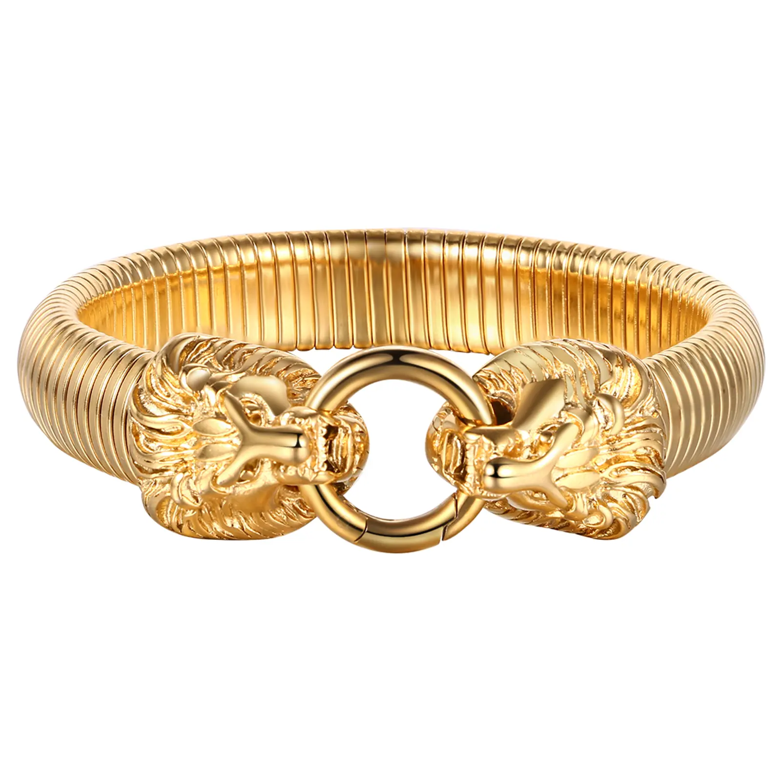OIDEA Lion Head Bracelet for Men, Stainless Steel K Gold Tone Spring Buckle Stretch Wristband, Gothic Statement