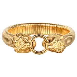 OIDEA Lion Head Bracelet for Men, Stainless Steel K Gold Tone Spring Buckle Stretch Wristband, Gothic Statement