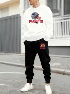 Men's Super Bowl Nfl Patriots Helmet & Touchdown Graphic Print 2-Piece Set, Casual Long Sleeve Hoodie & Sweatpants, Spring & Fall Fashion