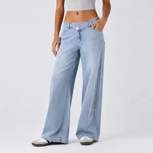 Lady's Minimalist Asymmetric Low-Rise Denim Jeans - Baggy Wide-Leg, Washed Casual Trousers with Zipper Pockets, Outdoor-Ready Fabric