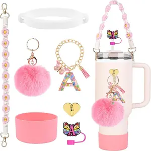 Letter Pattern Coffee Cup Mug Accessories Set, 7 Counts/set Including Silicone Straw Cover, Flower Handle Strap, Heart Sticker and Letter Charm, Pom Charm, Silicone Boot, Drinkware Tumbler Accessories without Cup