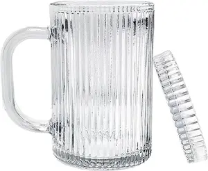 MARKABLE Clear Glass Coffee Mug - Classic Vertical Stripes Tea Mug -Elegant Coffee Cup with Glass Lid