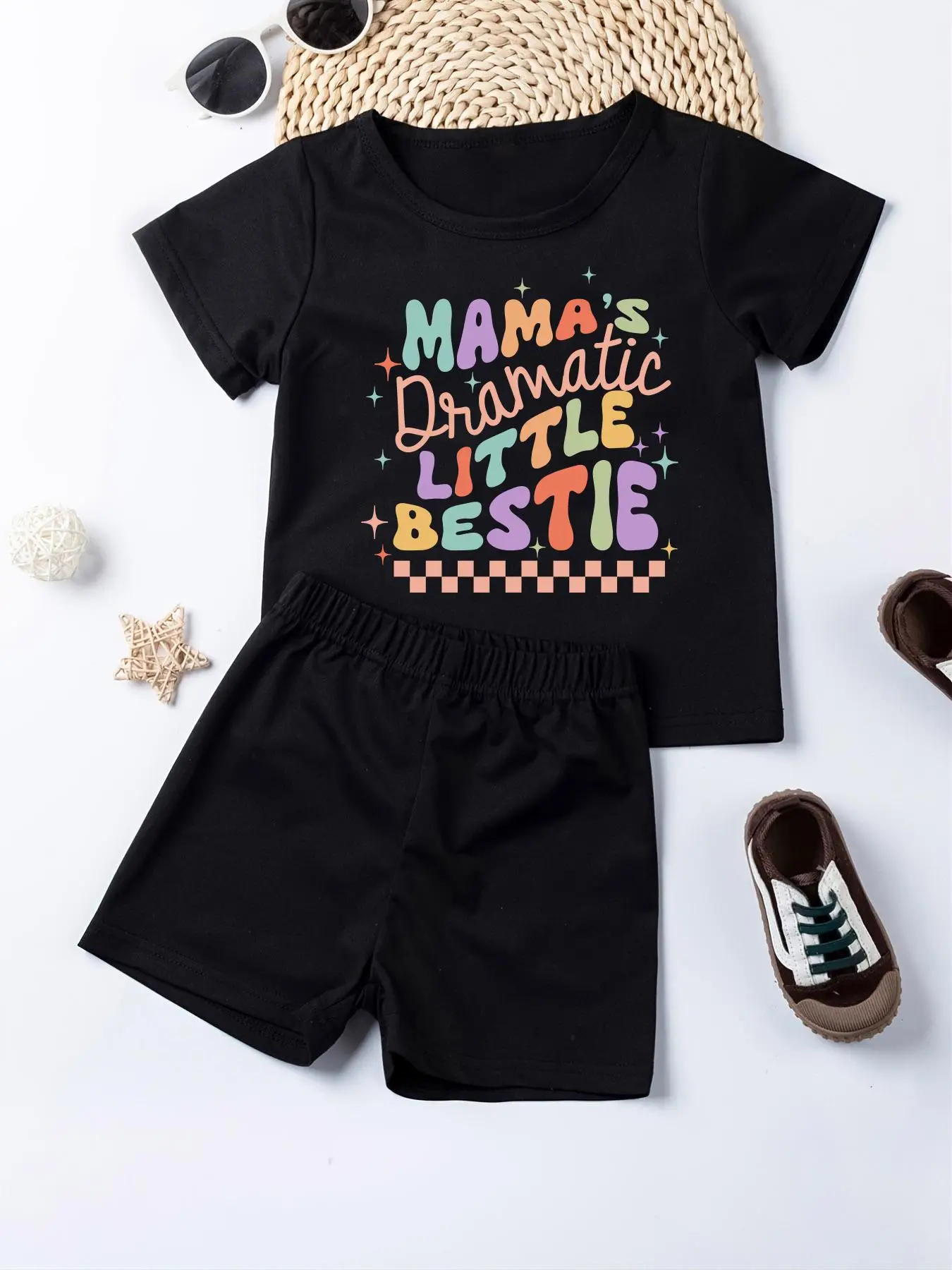 Toddler Girl's Letter Print Short Sleeve T-Shirt & Elastic Waist Shorts Set, Cute Graphic Tees & Track Shorts, Casual Summer Outfits Clothes for Kids