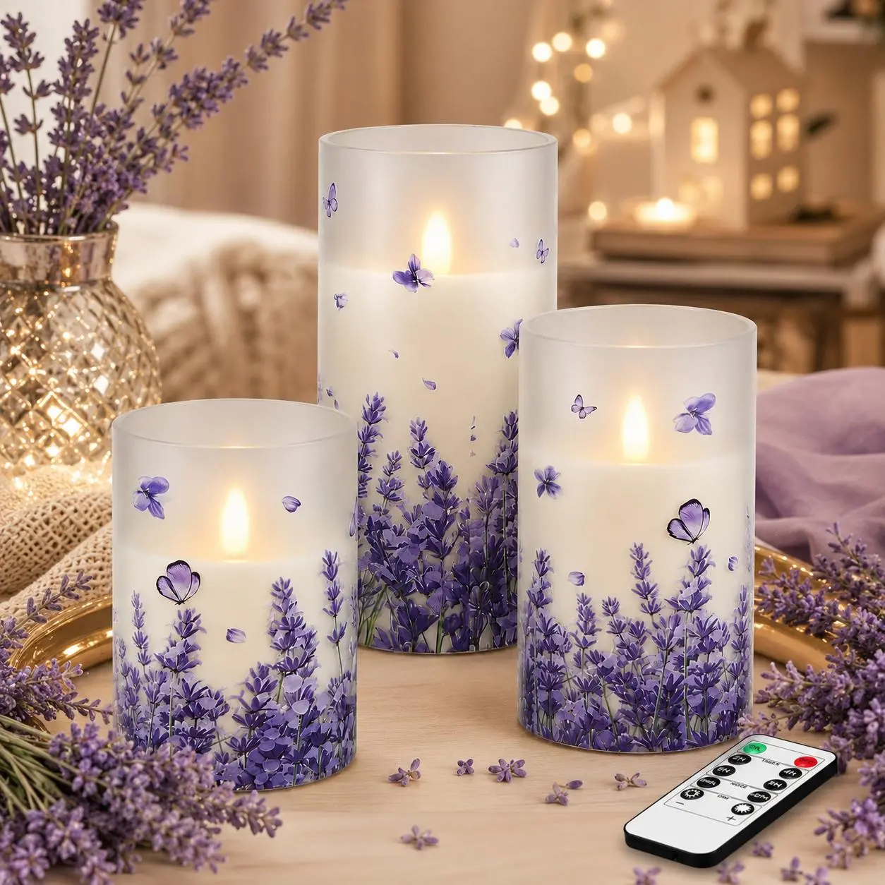 3 Pcs Flameless Candle Lights With Remote Control And Timer, Lavender Decal Flickering Plastic Candle Lights, Home Holiday Theme Decor Battery LED Pillar Candles, Lavender Floral Table Decorations, Spring Summer Home Decor Candle Lights