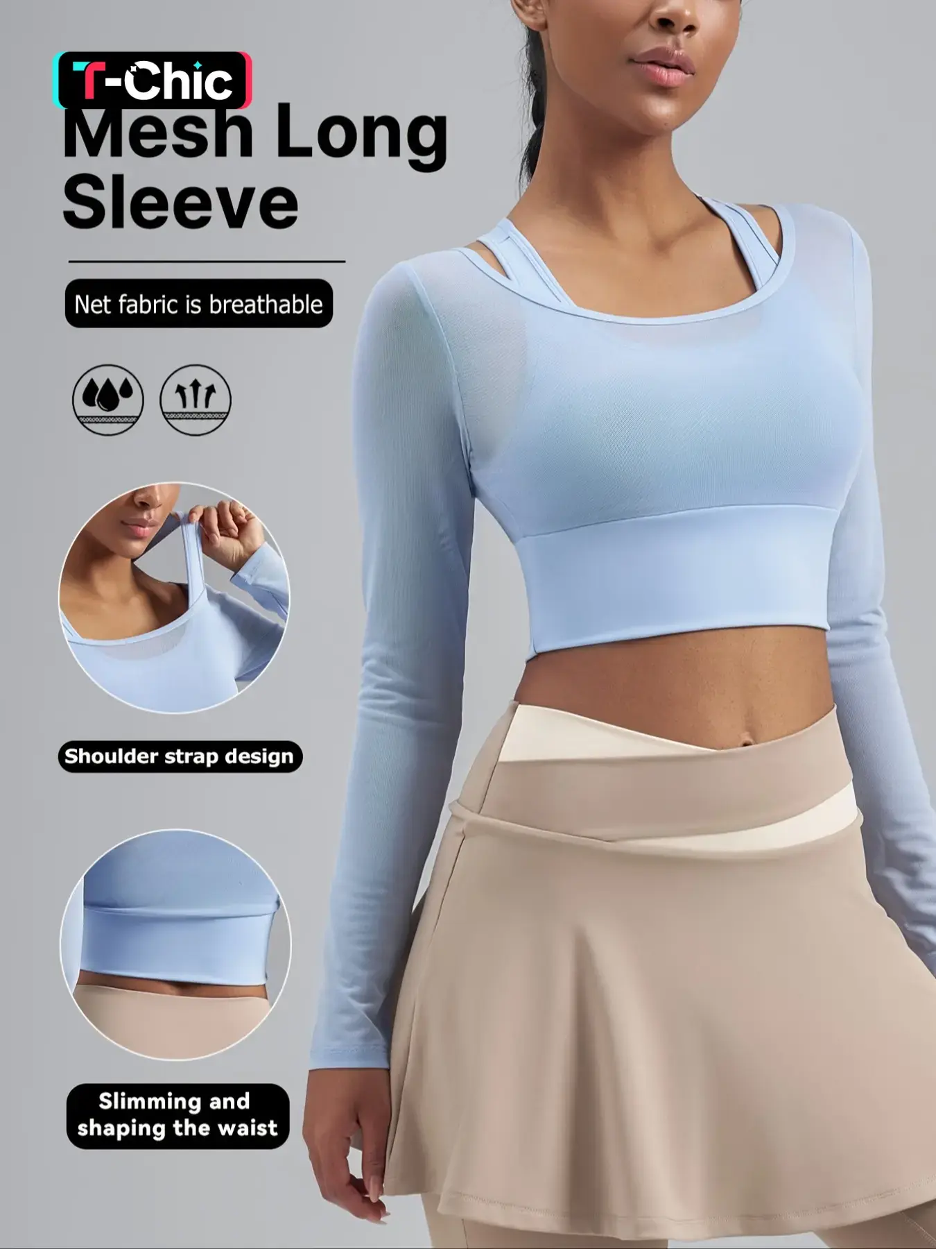 Women's Mesh Long Sleeve Crop Top with Bra, Breathable Athletic Shirt for Yoga, Gym & Training, Gym Yoga Clothing