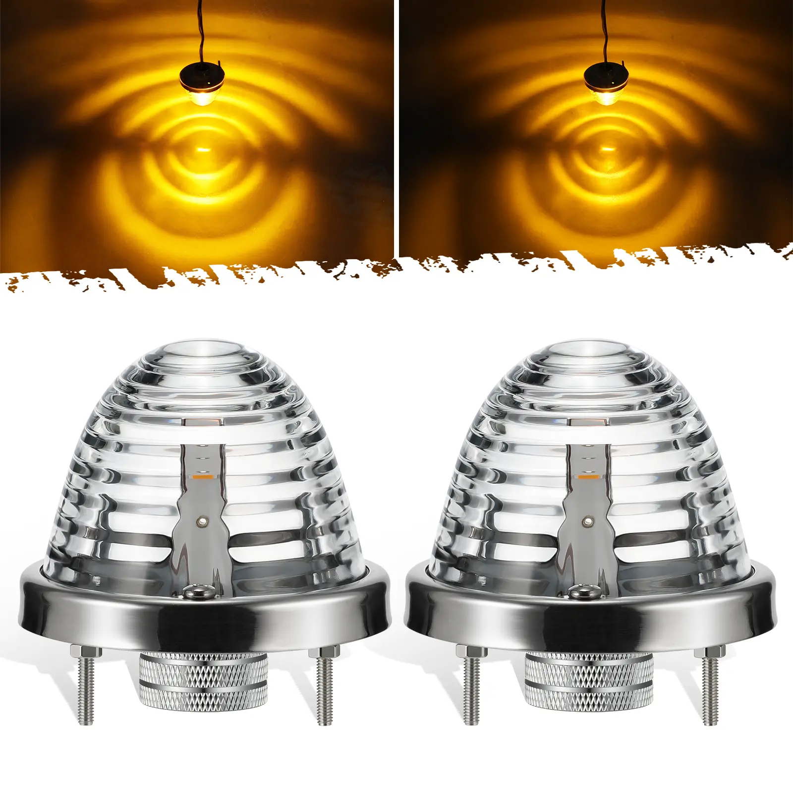 Partsam 2Pcs Clear Glass Lens Amber LED Watermelon Lights, Round Shape Light Watermelon Underglow Lights Turn Signal for Semi Truck Pickup, Compatible with Freightliner Kenworth Peterbilt