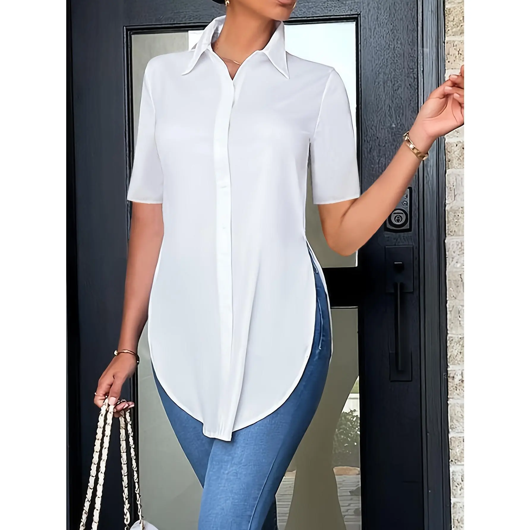 Women's 100% Polyester Short-Sleeve Button Front Lapel Shirt - Plain, Curved Hem, Elegant Casual, Machine-Washable Sports & Outdoor Woven Shirt Blouse with Semi-Sheer Shirting