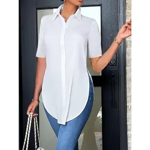 Split Button Front Shirt, Casual Short Sleeve Curved Hem Shirt, Women's Clothing