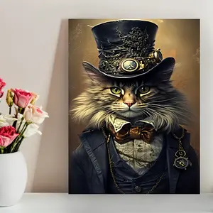 Vibrant Steampunk Cat Canvas Art Print, - Wooden Frame Wall Decoration, Modern Home Decor, Suitable for Living Room, Bedroom, Office - Unique Creative Poster, Waterproof, Perfect Gift Choice
