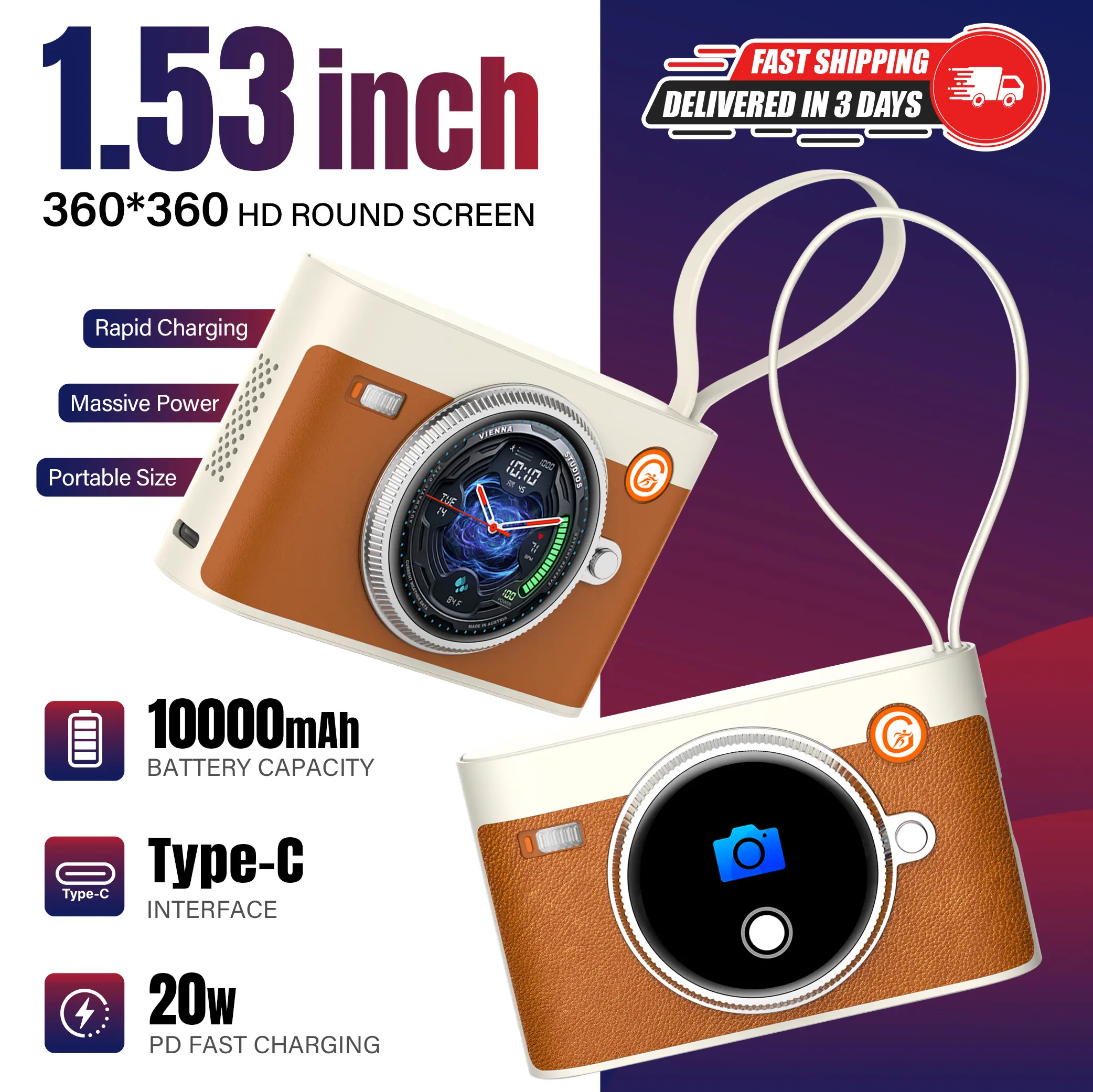 Graduation Gift Smart Portable Power Bank, 10000mAh, w/ Touch Screen and Speaker, Fast Charging for iPhone & Android phones,  for Students Travel Use