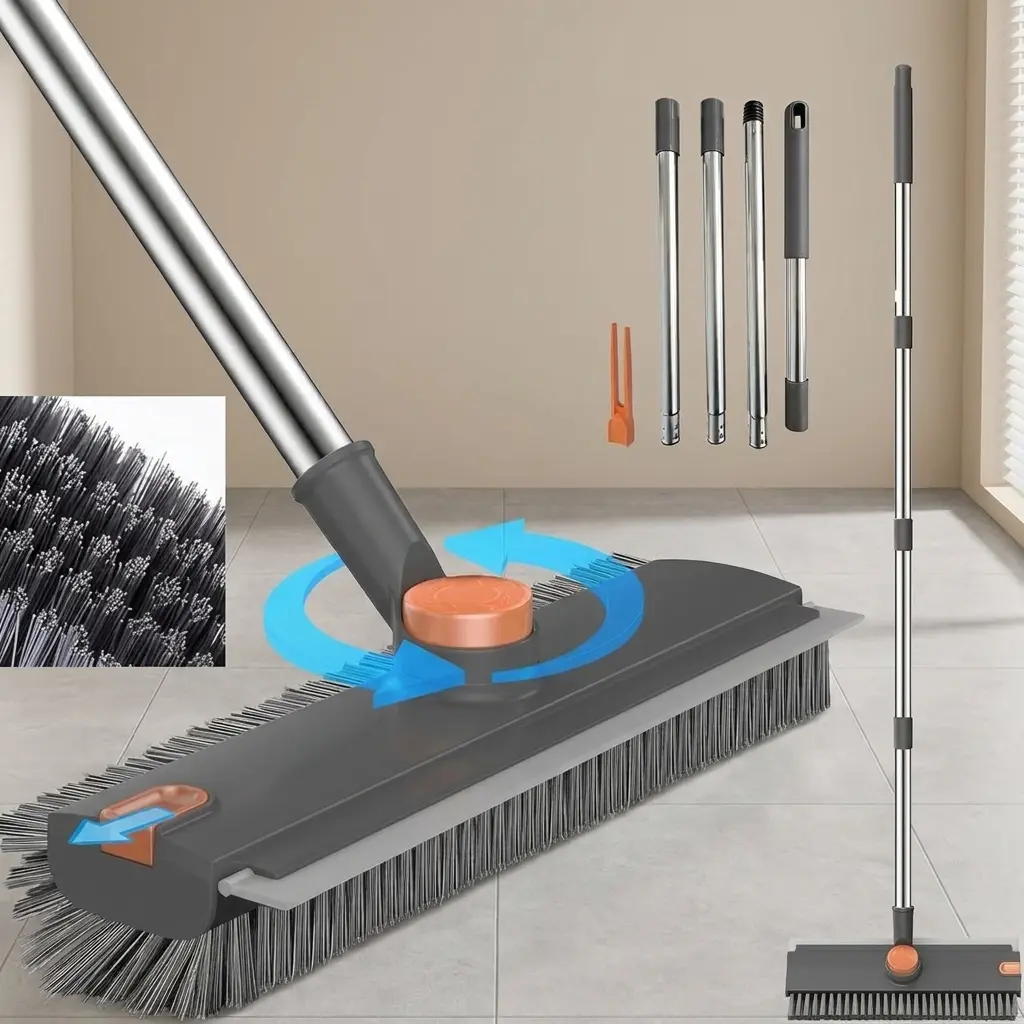 3-in-1 Floor Scrub Brush with 54-Inch Adjustable Long Handle, Heavy-Duty Stiff Bristle Scrubber and Built-In Scraper for Shower, Bathroom, Kitchen, Patio and Garage, Gray and Orange