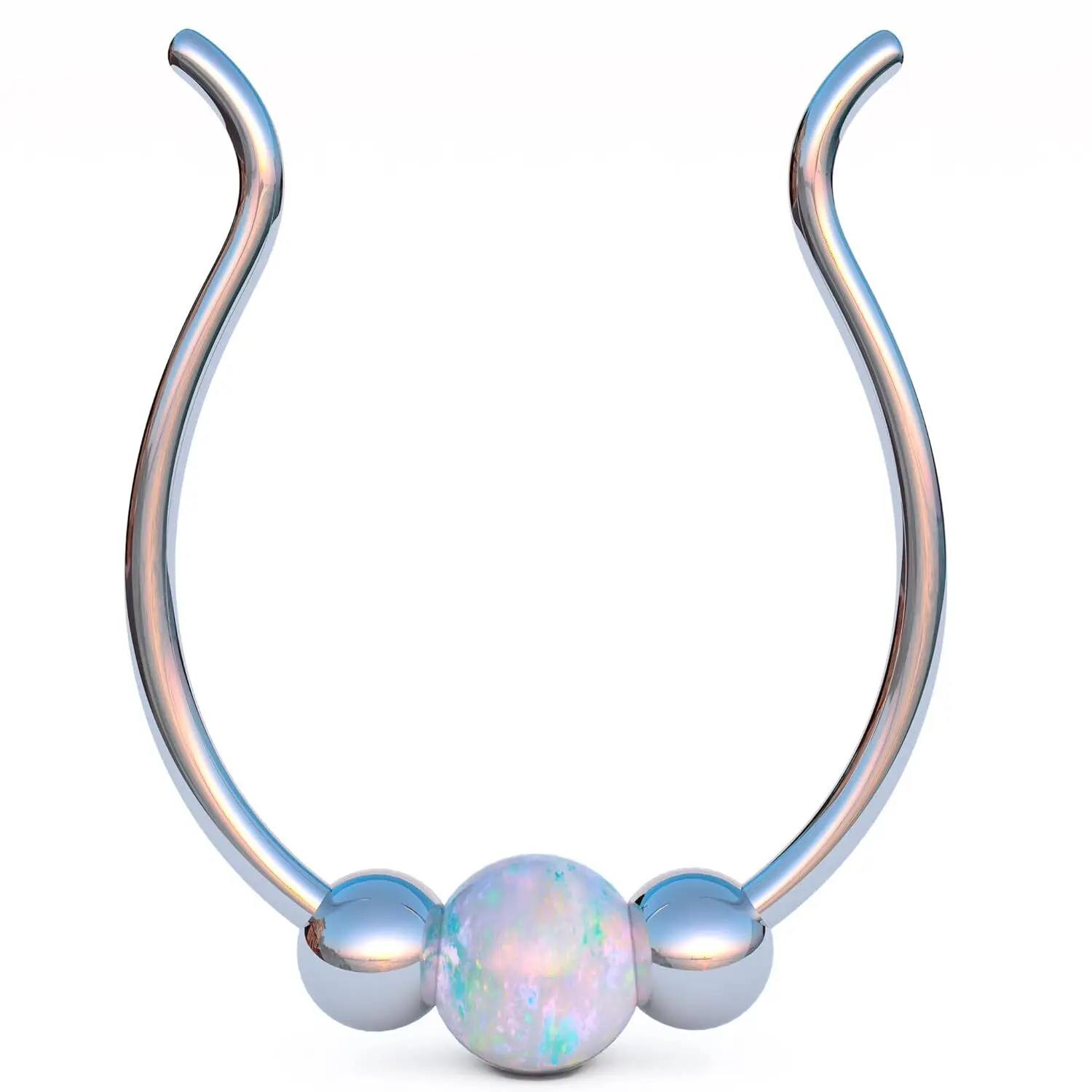 Fake Silver Septum Ring - Tiny 24 Gauge White Opal Faux Septum Hoop - 925 Sterling Silver Clip On Septum Piercing For Women - No Piercing Needed
