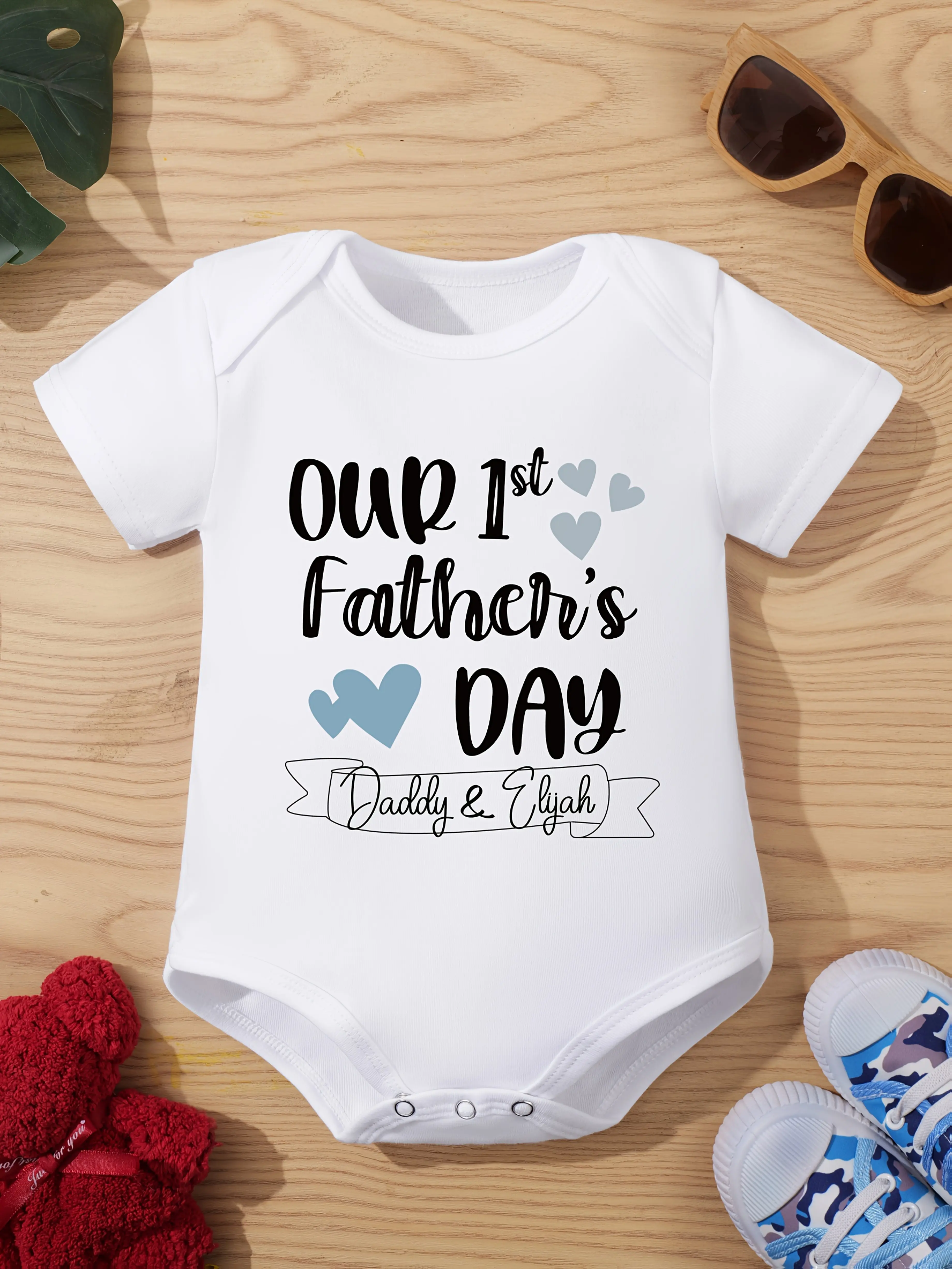 Expected to be delivered after Father's Day Personalized "Our 1st Father's Day" Cotton Baby Onesie Bodysuit, Unisex Names, Jersey Onesie Unisex Bodysuits & One-Pieces