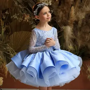 Light Blue Kids Clothes Sequin Flower Girls Frock 5398 Ball Gown Long Sleeve Bow Pageant Children Elegant Princess Prom Host Formal Evening Party Cocktail Summer Dress 2-13Y
