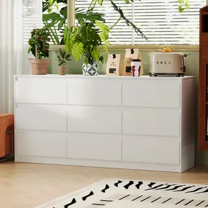 FUFU&GAGA 9 White Drawer Dressers, Modern Large Dresser for Bedroom Organize, Wooden Long Dresser with 9 Handle Free Drawers, Storage Chest of Drawers for Living Room Office, Ball Bearing Slide (63" W)