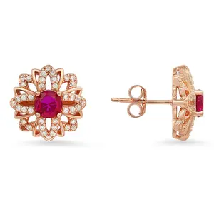Rosetone Sterling Simulated Ruby Floral Stud Earrings