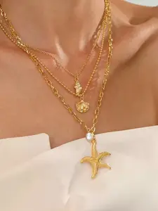 Fashion Three-Layer Abalone Star Pendant Necklace, Vintage Shell Screw Stainless Steel Choker for Women, All Seasons Jewelry
